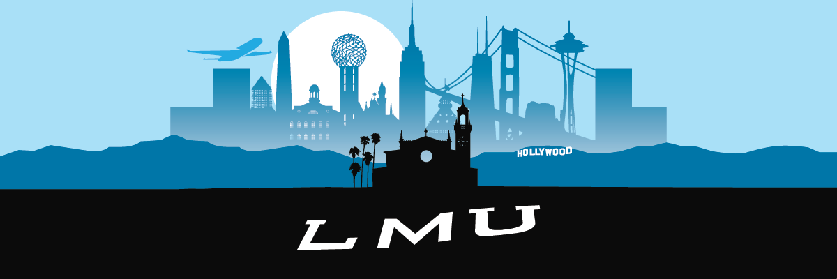 A graphic representing cities across the U.S. with the LMU letters and chapel and palm trees in the foreground.